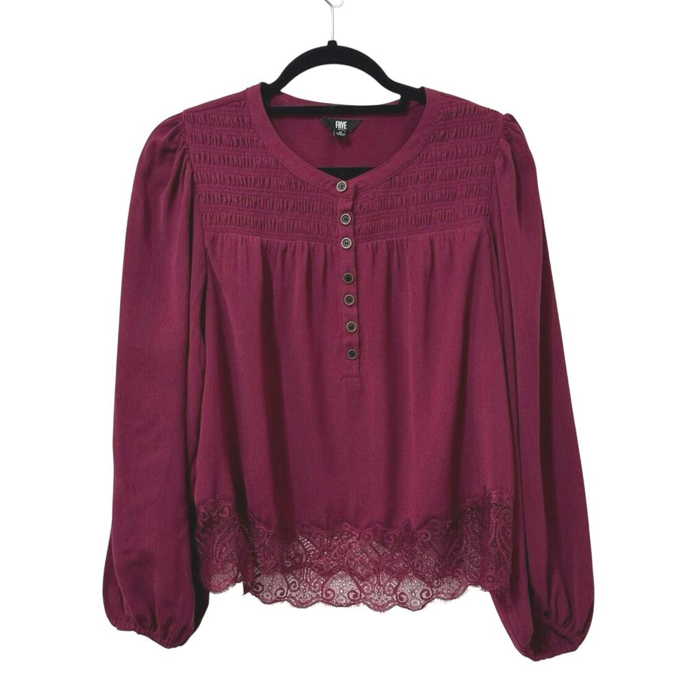 Frye Lace Trim Balloon Sleeve 3/4 Button Front Blouse Maroon Size Medium